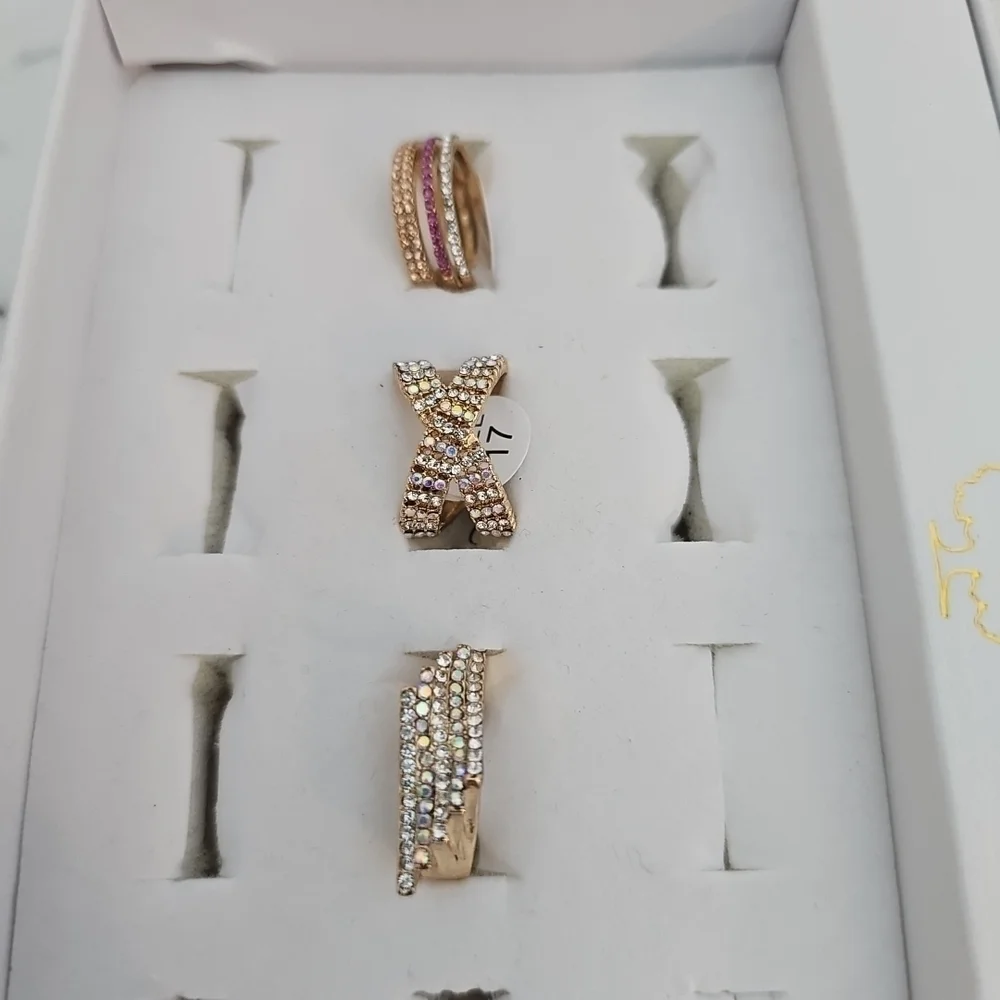 3pc Ring Set Gold Rhinestone Criss Cross Cocktail Jewelry